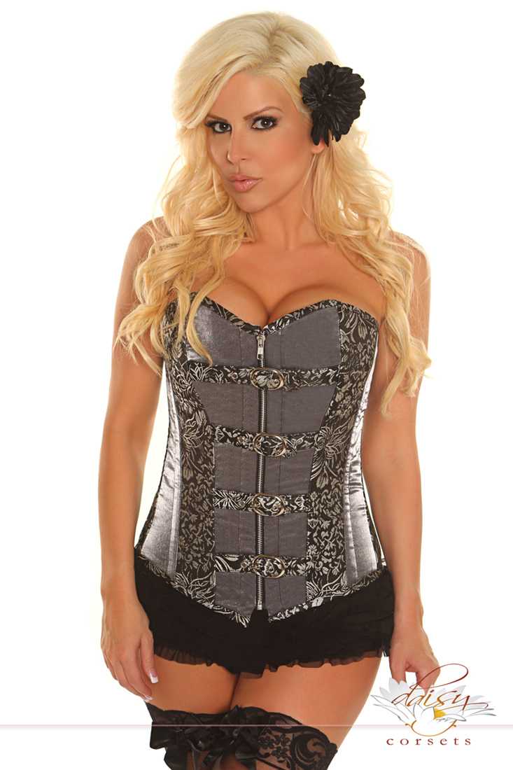 Gunmetal Buckled Brocade Steel Boned Corset