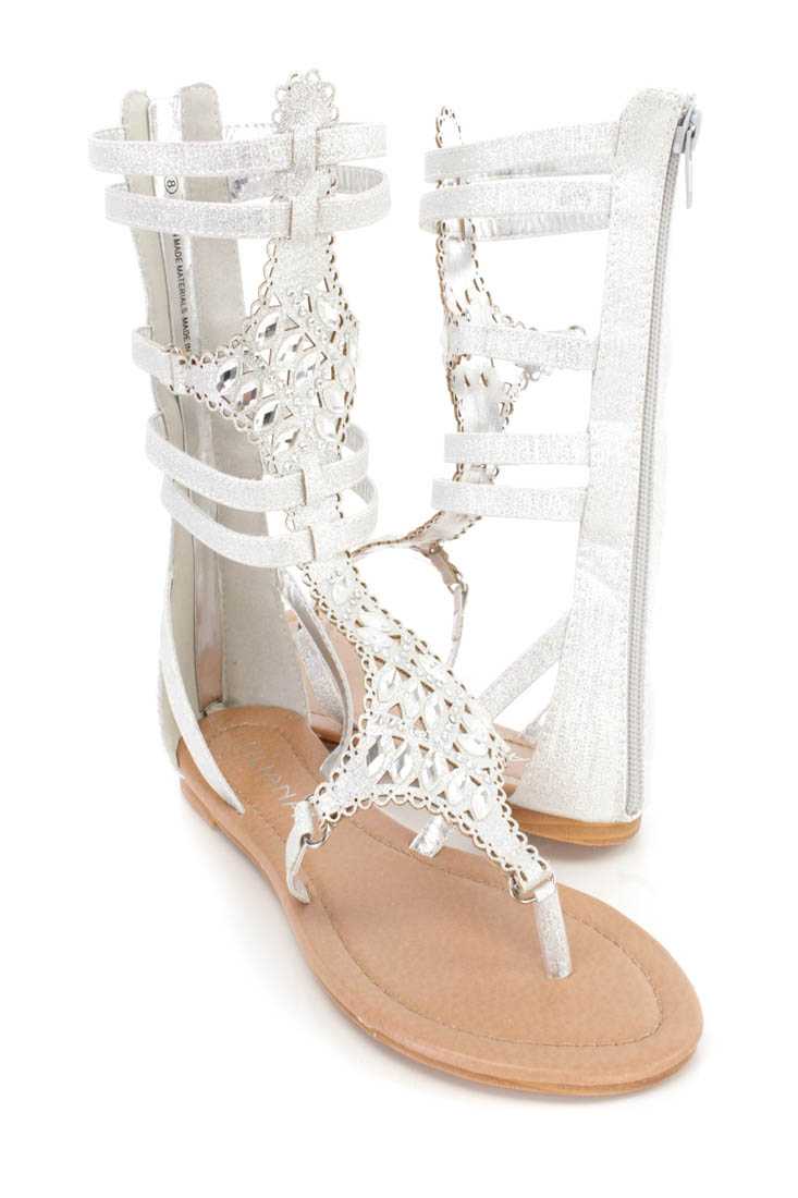 Silver Rhinestone Strappy Gladiator Sandals Glitter