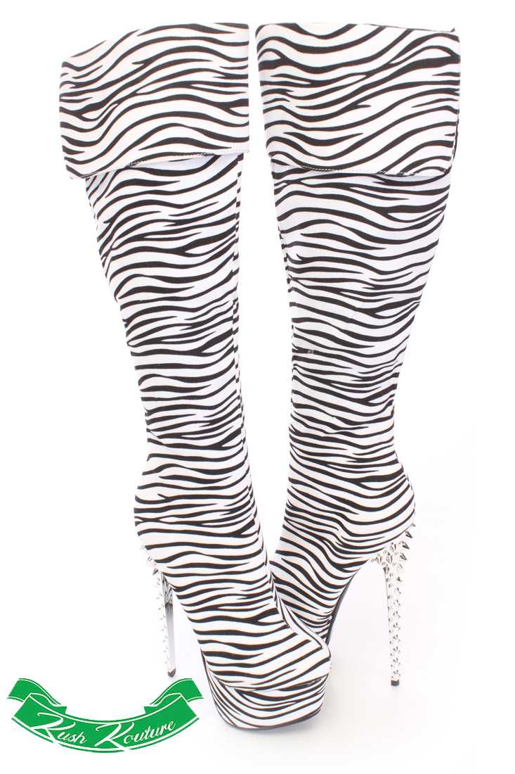 Zebra Cuffed Knee High Boots Faux Suede