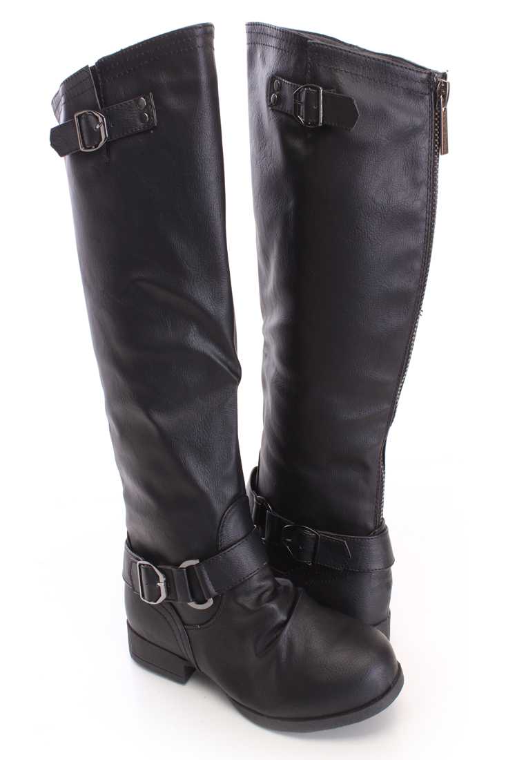 Black Strap Design Casual Boots Faux Leather