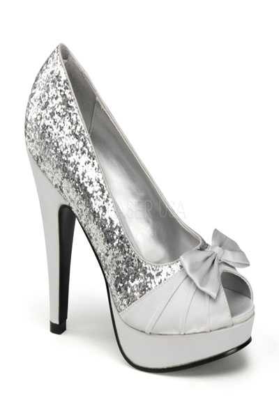 Silver Glitter Pleated Satin Strap Bow Tie Peep Toe High Heels