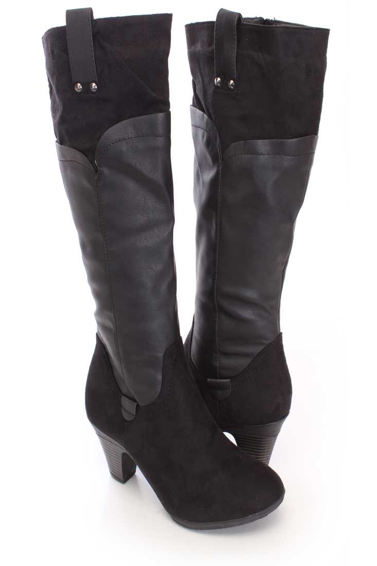 Black Two Tone Knee High Boots Faux Leather