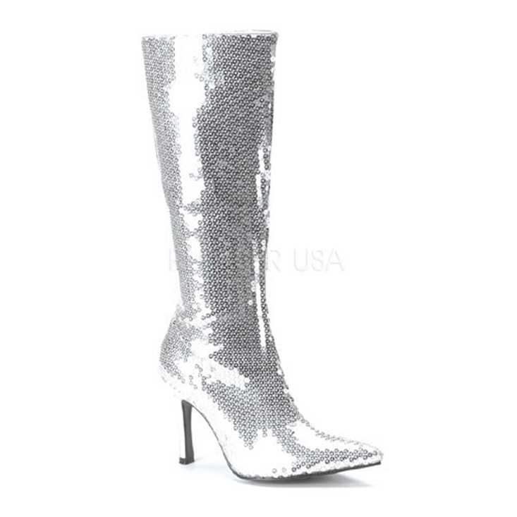 Silver Sequin Pointed Toe Knee High Boots