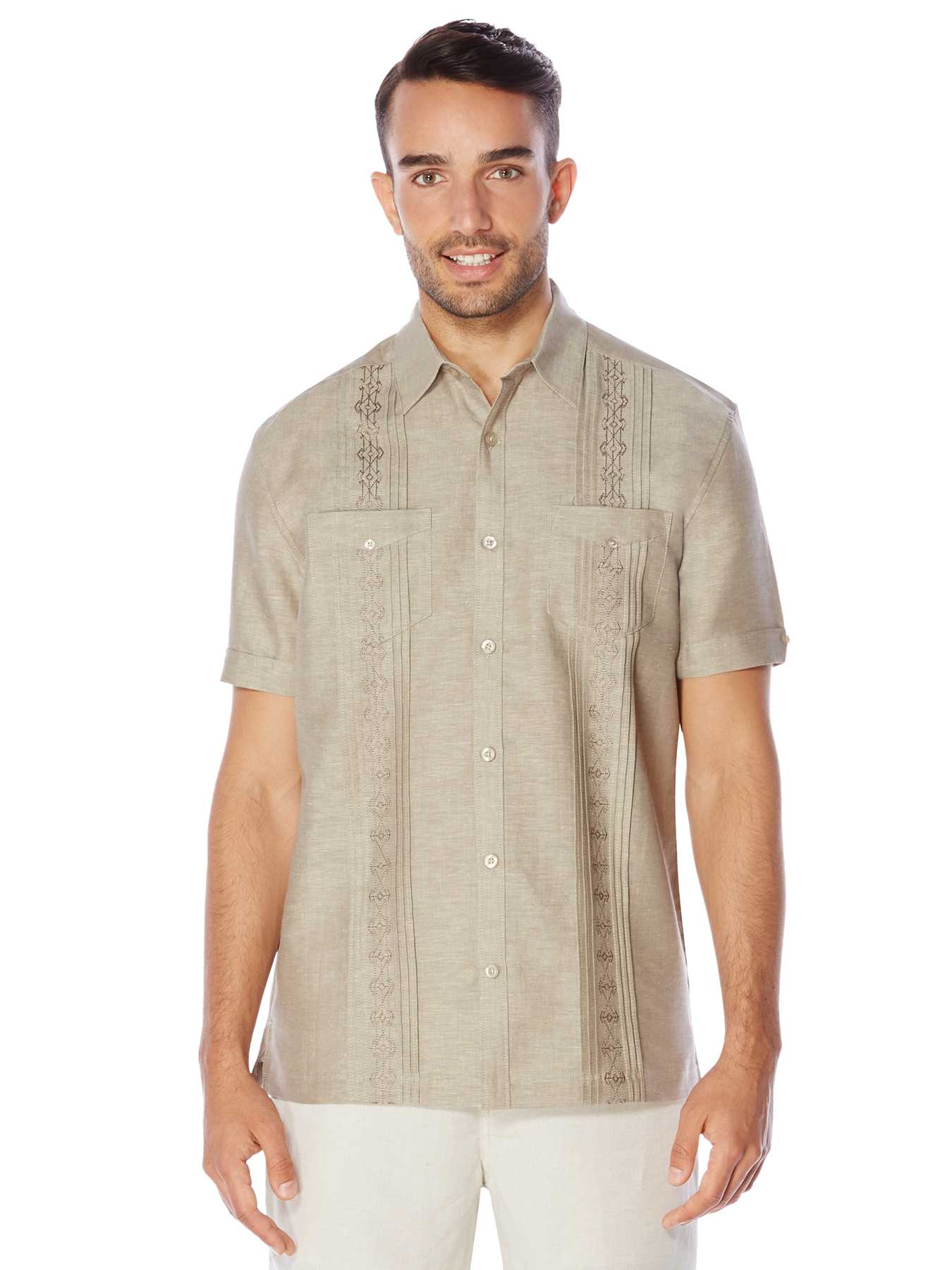 Cubavera Slim Fit Short Sleeve 2 Pocket Geo Embroidered Shirt
