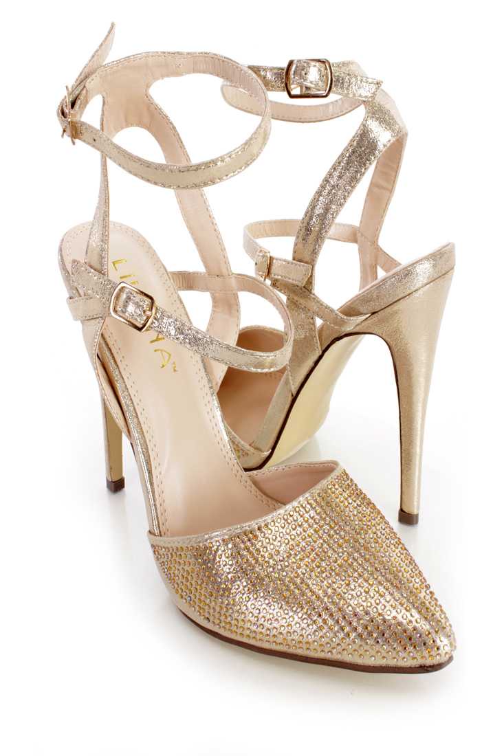 Gold Rhinestone Single Sole High Heels Shimmer Fabric