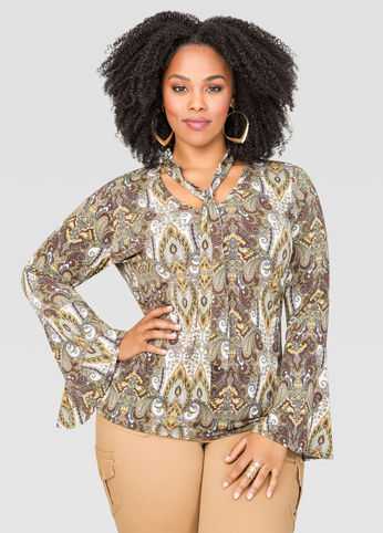 Printed Tie Neck Bell Sleeve Top
