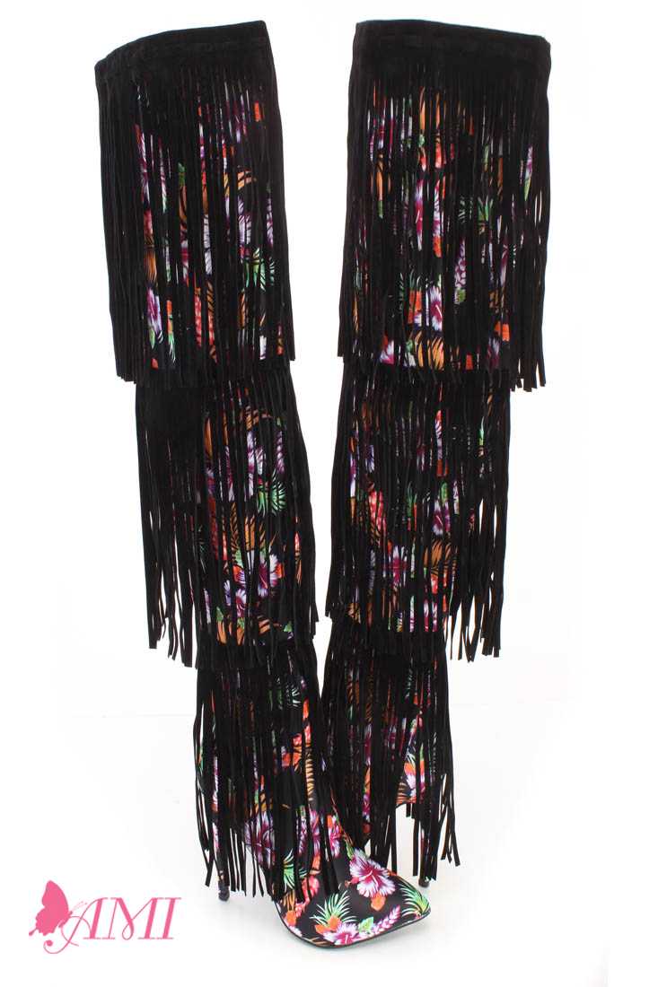 Pink Flower Pattern Fringe Thigh High Heel Boots Fabric