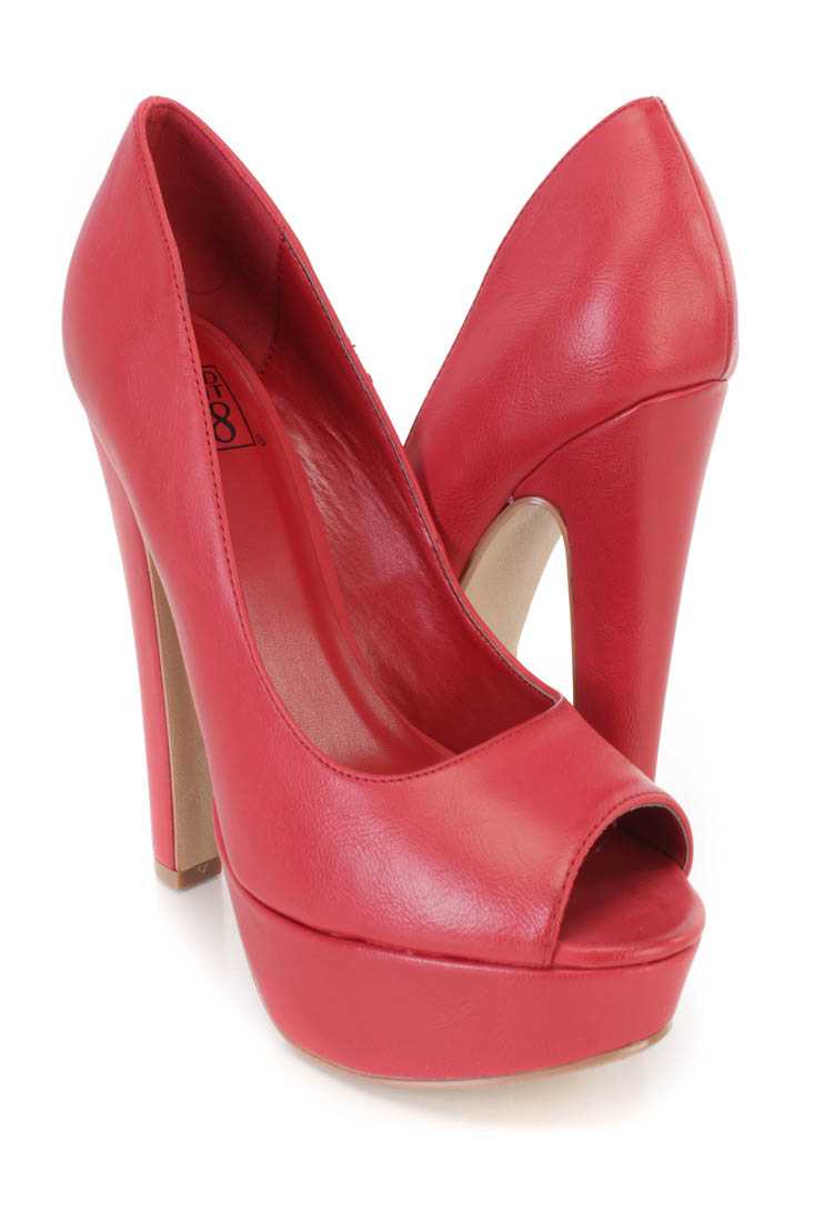 Red Peep Toe Platform Pump Chunky High Heels Faux Leather