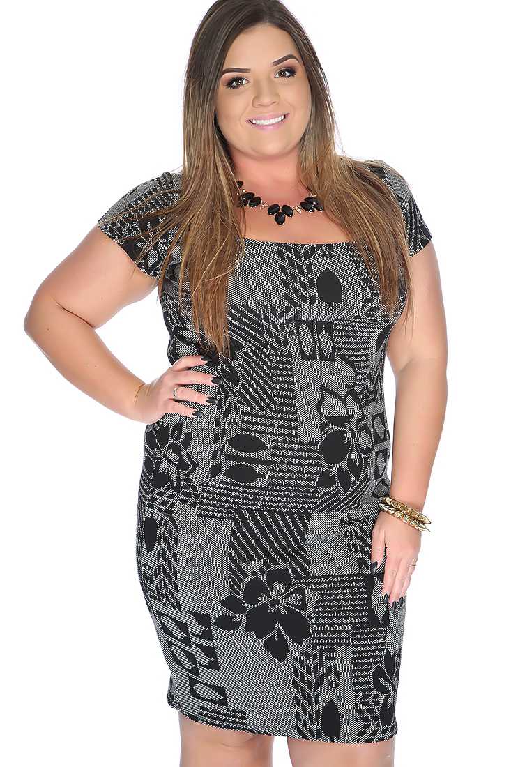 Grey Black Short Sleeve Floral Print Plus Size Party Dress