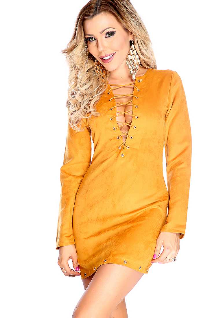 Sexy Camel Long Sleeve Strappy Chest Casual Dress