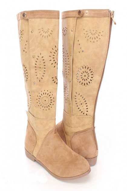 Beige Perforated Mid Calf Boots Faux Leather