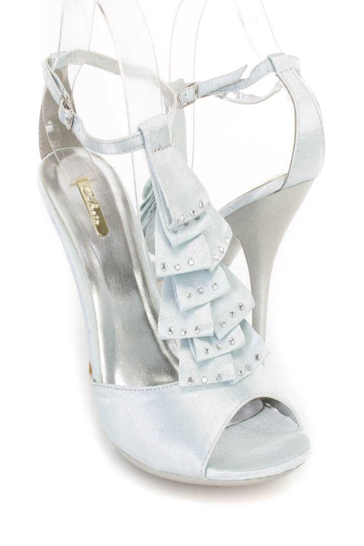 Silver Satin Fabric Pleated Ruffled Strap Open Toe Heels