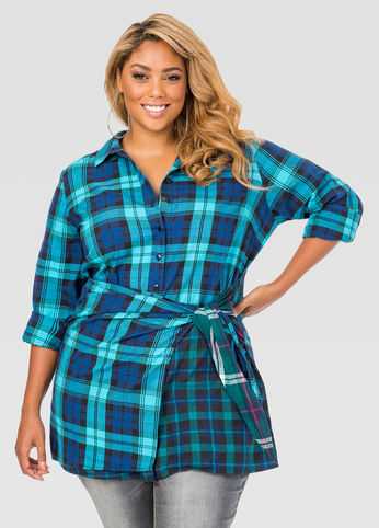 Mixed Plaid Button Front Tunic