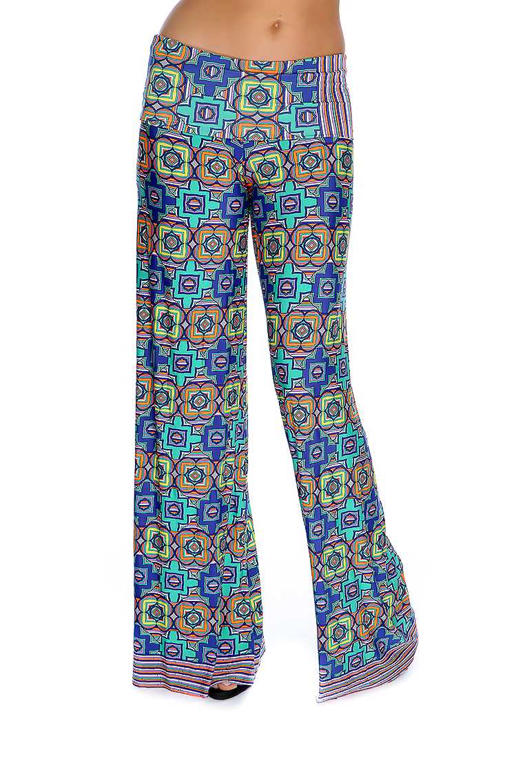 Royal Blue Lime Geometric Print Wide Leg Cute Casual Pants