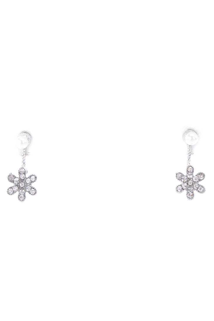 Silver Rhinestone Encrusted Flower Dangle Earrings