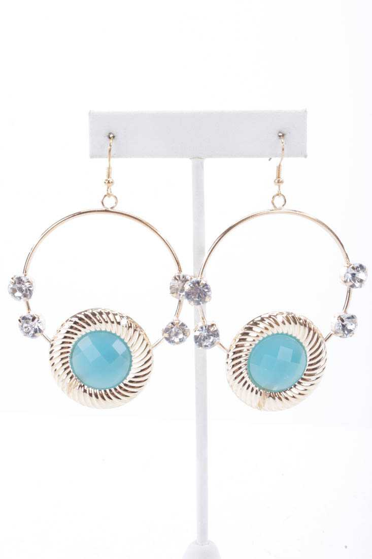 Aqua Gold Rhinestone Studded High Polish Hoop Earrings