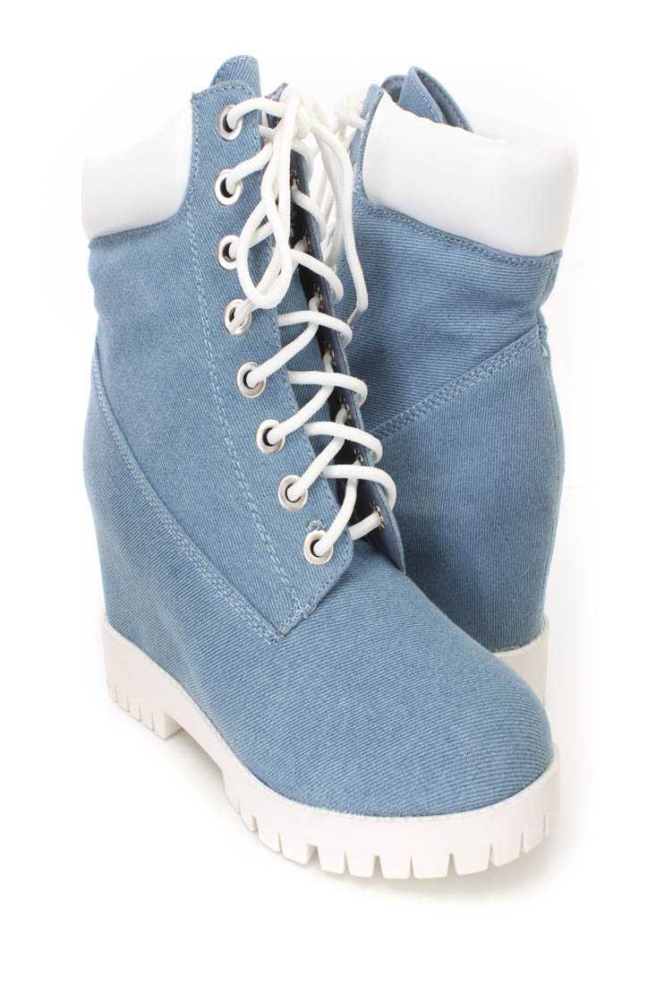 Blue Lace Up Wedge Booties Faux Leather