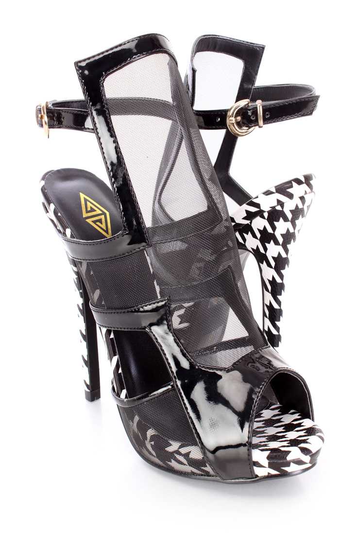 Black Mesh Houndstooth High Heels Patent
