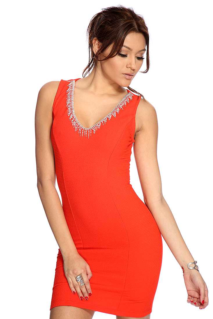 Orange Textured Rhinestone Detail Sexy Bodycon Dress