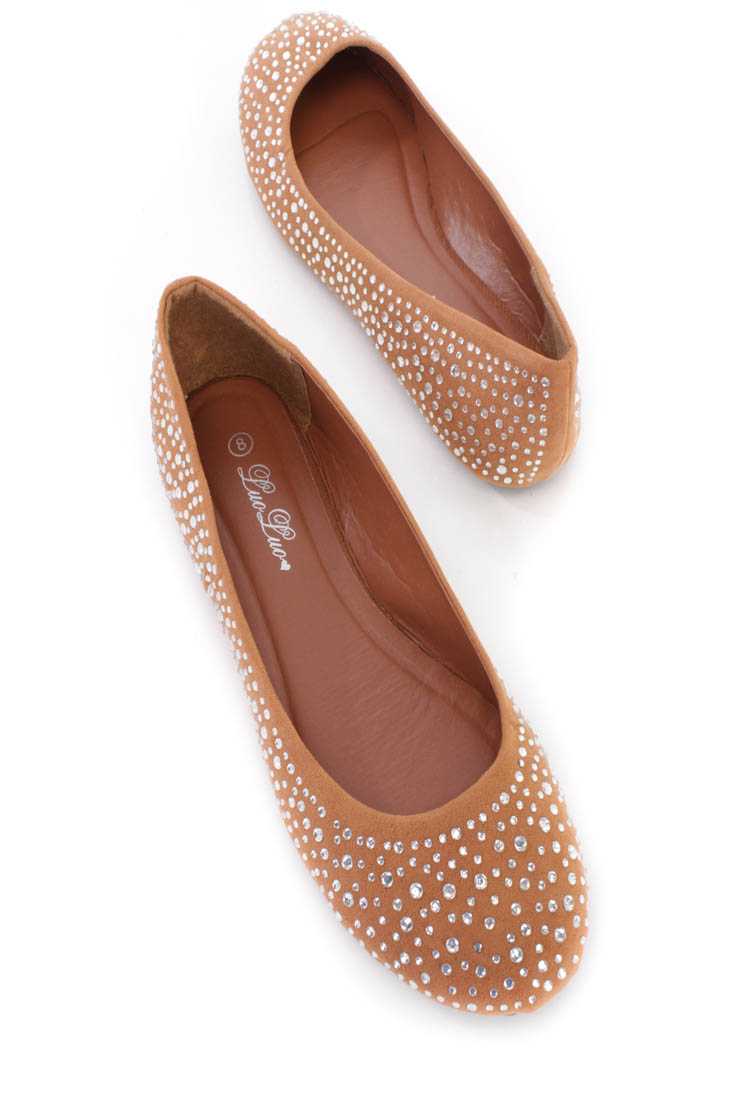 Light Brown Rhinestone Closed Toe Flats Faux Suede