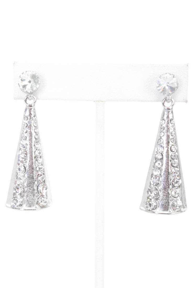 Silver High Polish Rhinestone Triangle Earrings