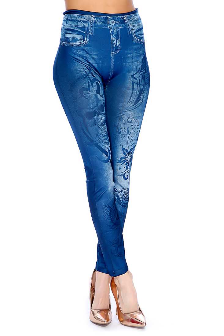 Blue Denim Print Casual Leggings