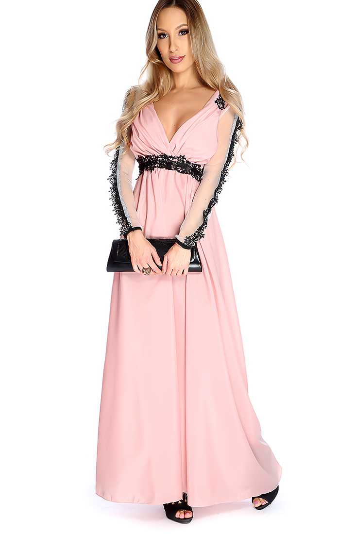 Sexy Dusty Pink Crochet Mesh Long Sleeve Maxi Party Dress