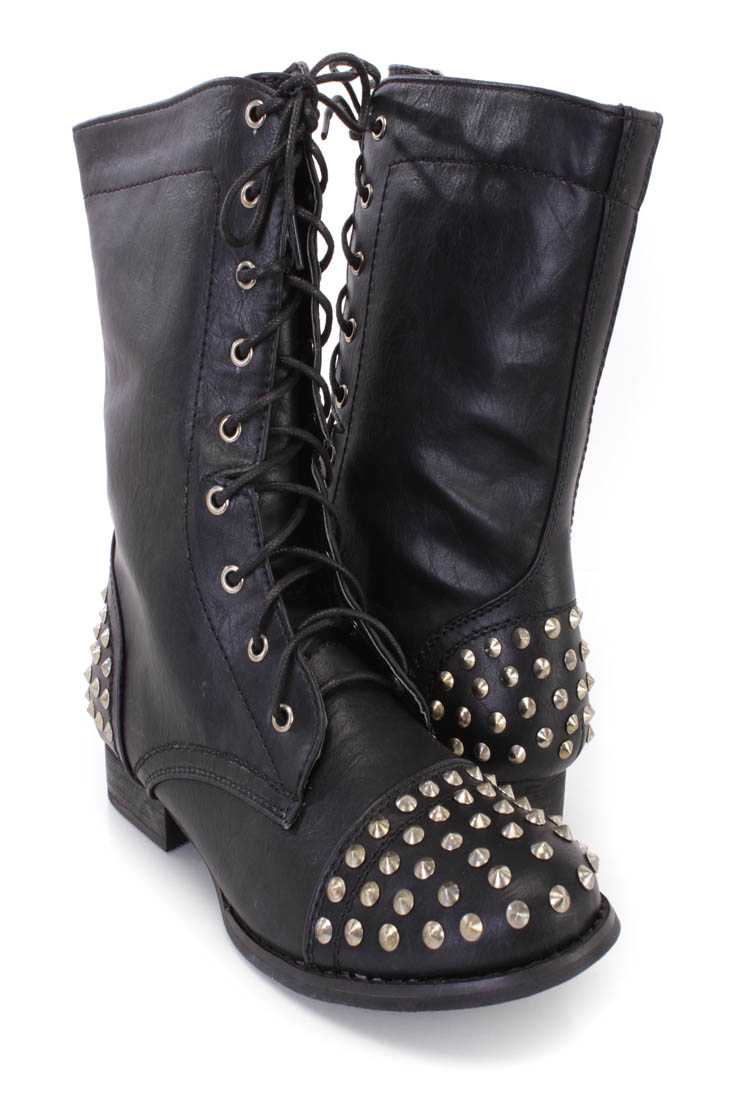 Black Studded Lace Up Combat Boots Faux Leather