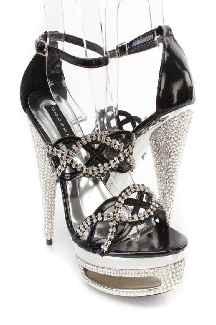 Black Rhinestone Strappy 6 Inch High Heels Faux Leather
