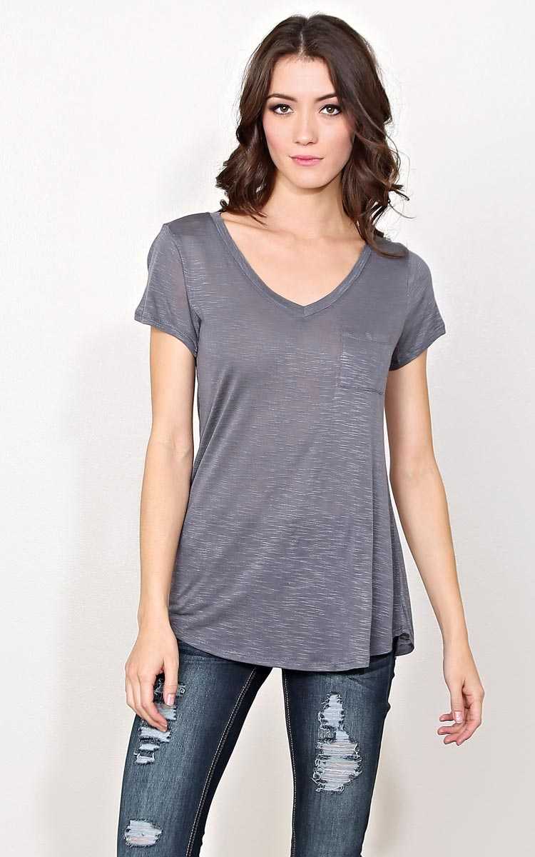Bozzolo Charcoal V Neck Knit Pocket Tee - - Charcoal in Size by Styles For Less