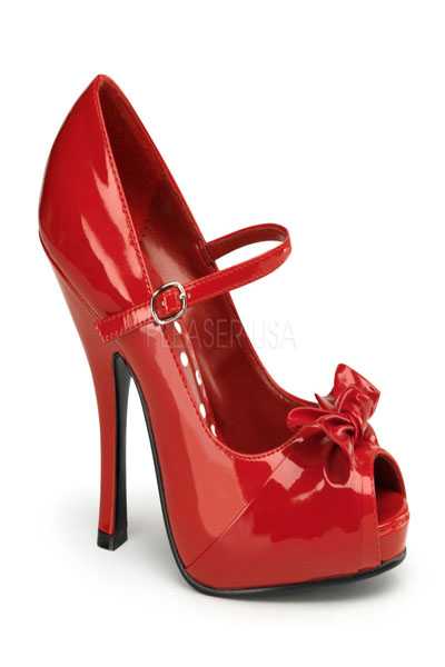 Red Patent Faux Leather Mid Strap Bow Tie High Heels