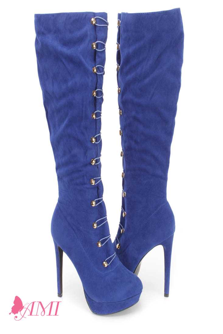 Blue Hook Loop High Heel Boots Faux Suede