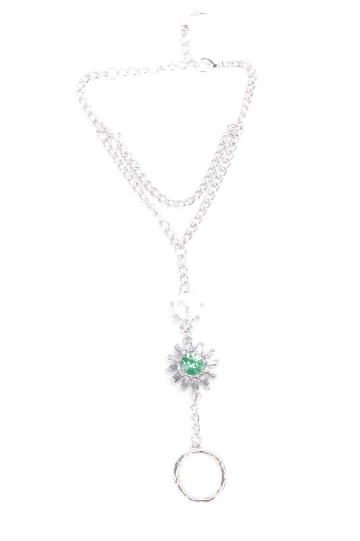Green Silver Gemstone Floral Hand Chain Bracelet