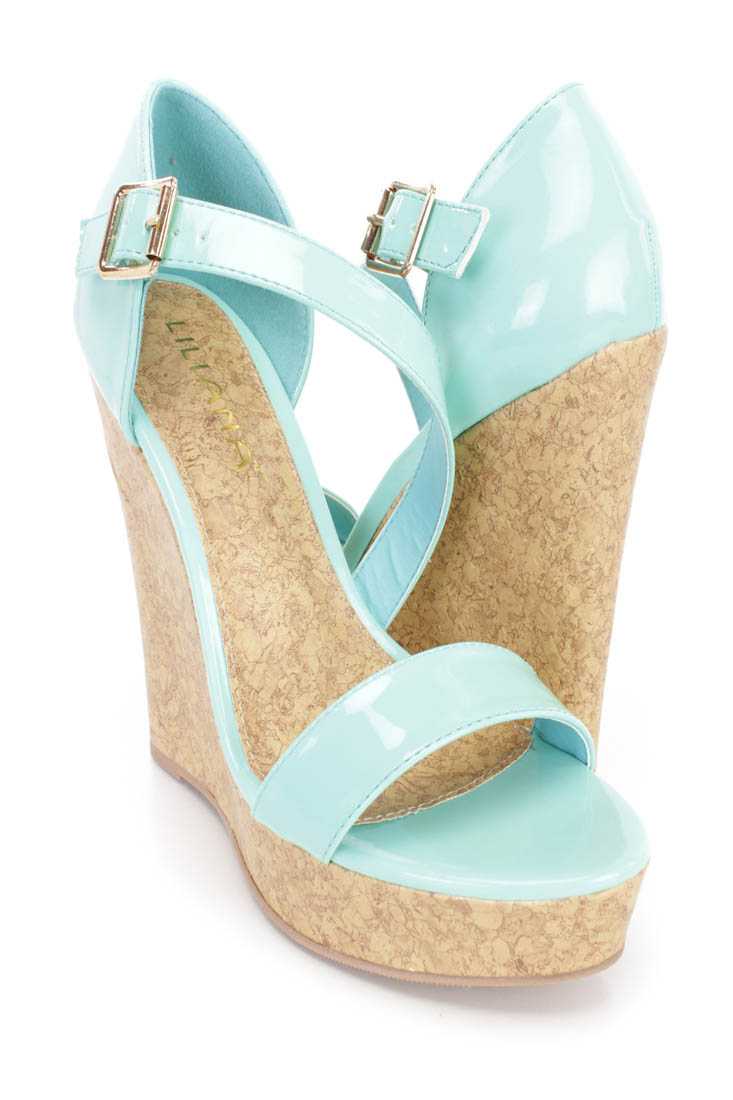 Mint Strappy Open Toe Cork Platform Wedges Patent