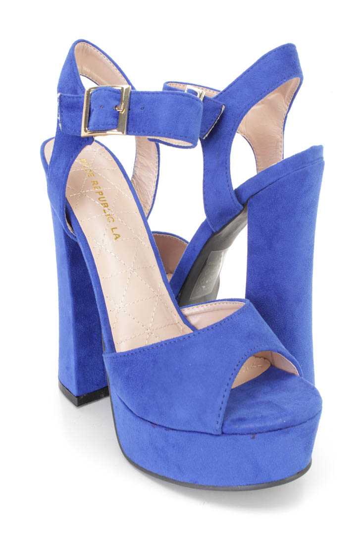 Blue Peep Toe Platform Heels Faux Suede
