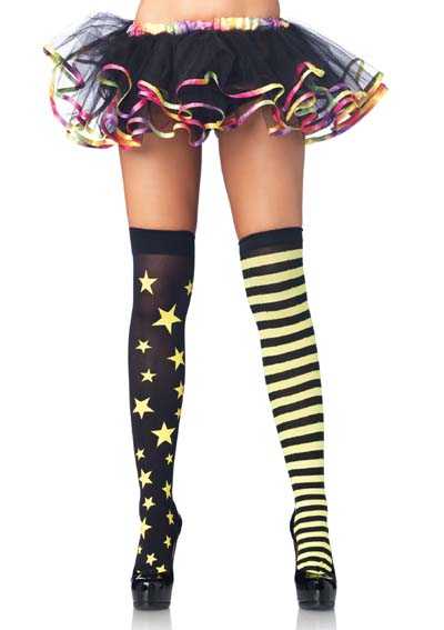 Neon Yellow Stars Stripes Thigh Highs
