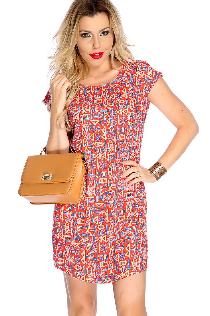 Casual Red Orange Tribal Print Short Sleeve Dress