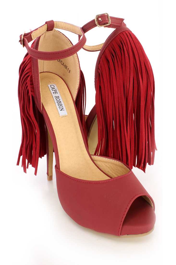 Red Fringe Single Sole High Heels Nubuck Faux Leather