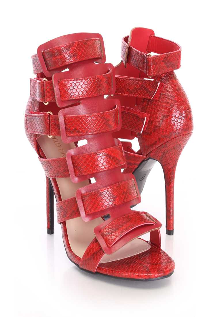 Red Snake Skin Print Strappy Booties Faux Leather