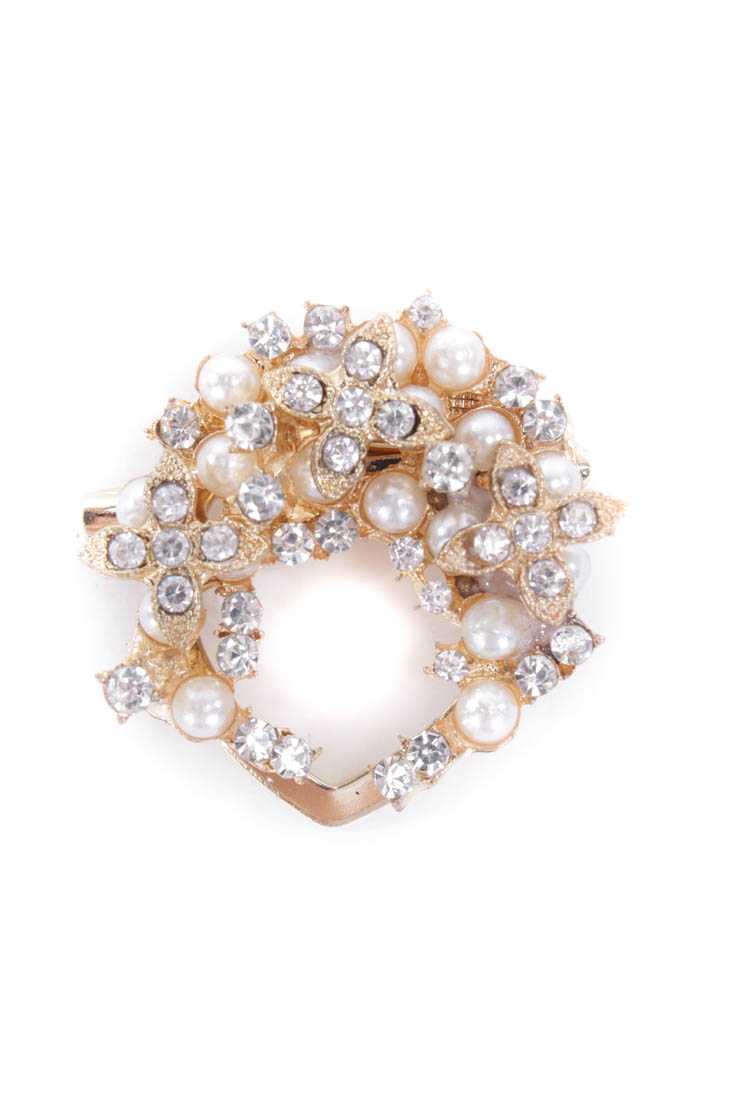 Gold Rhinestone Faux Pearl Detailed Brooch