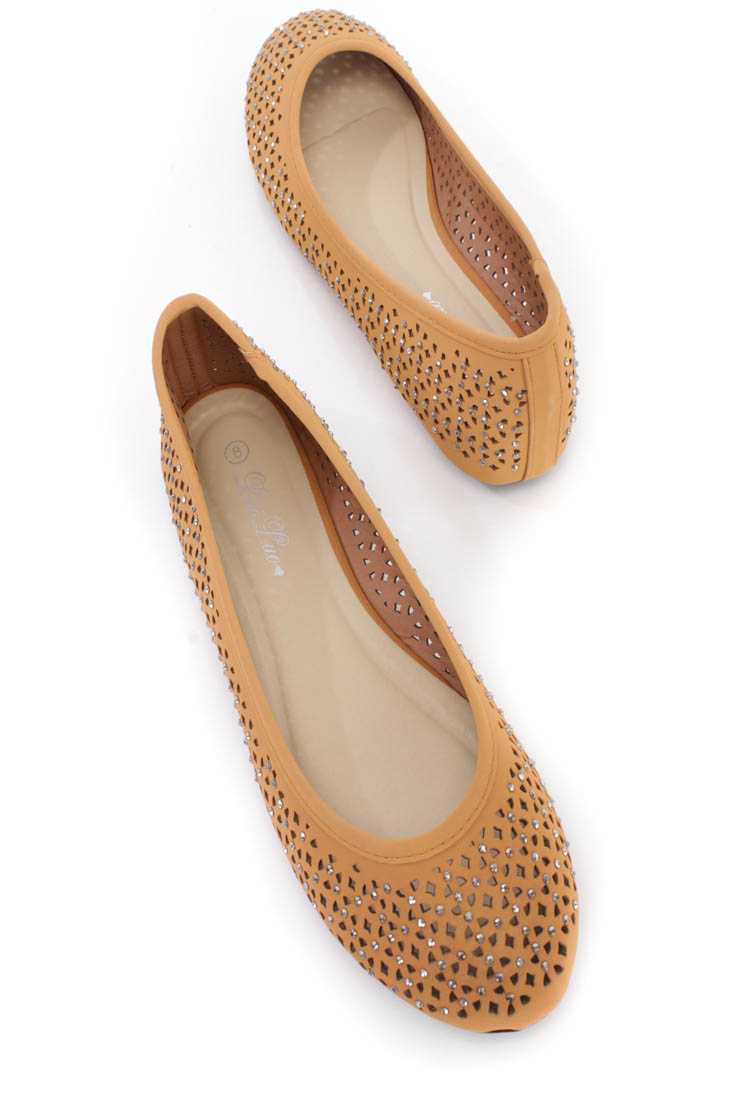 Light Brown Perforated Ballerina Flats Nubuck