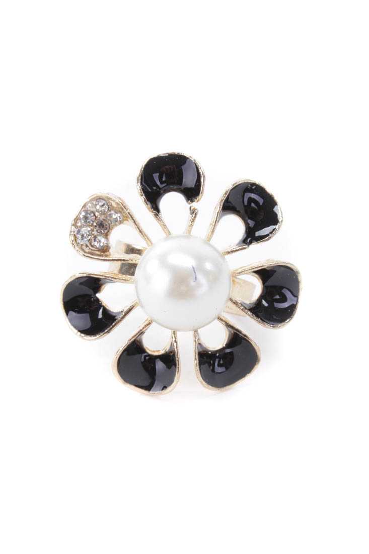 Black Floral Faux Pear Center Rhinestone Decor Ring