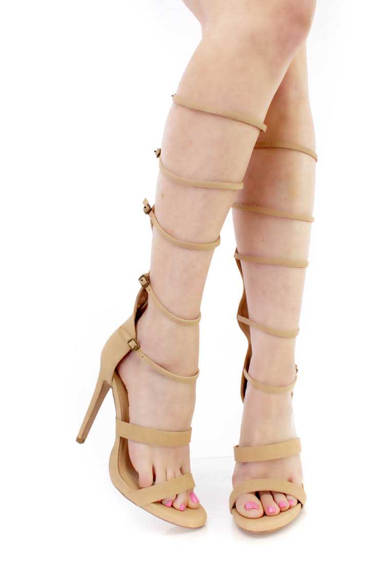 Beige Strappy Gladiator Single Sole Heels Nubuck