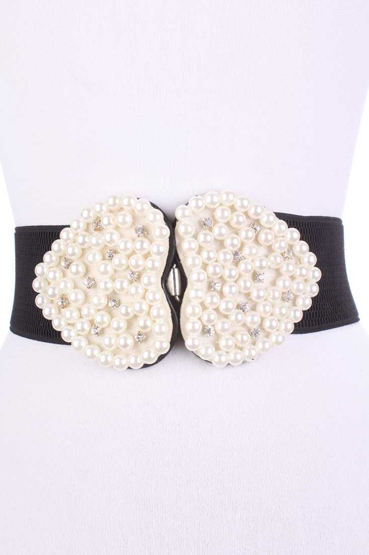 Black Pearl Clustered Rhinestone Accent Heart Design Spandex Belt