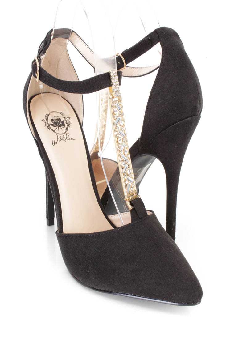 Black Rhinestone T Strap Single Sole High Heels Faux Suede