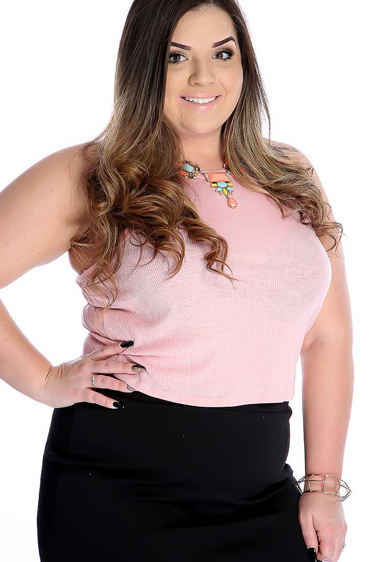 Pink Ribbed Sleeveless Racer Back Plus Size Crop Top