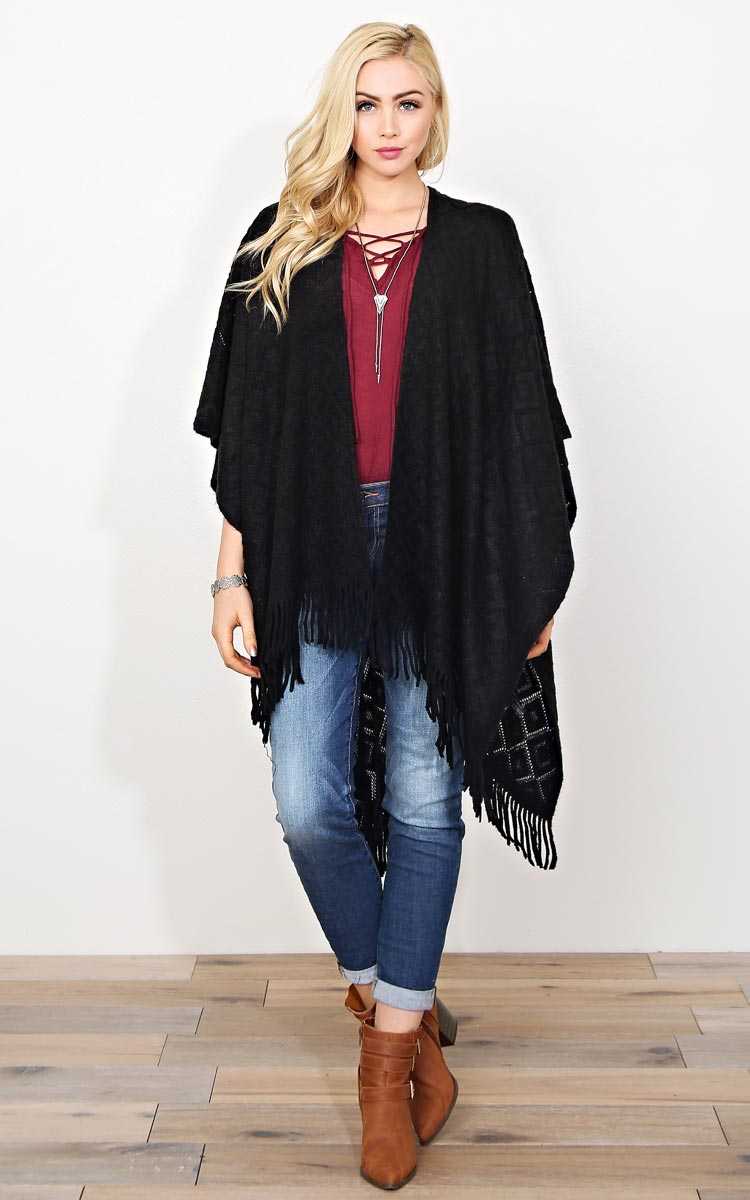 Diamond Snowflake Knit Ruana - N/S - Black by Styles For Less