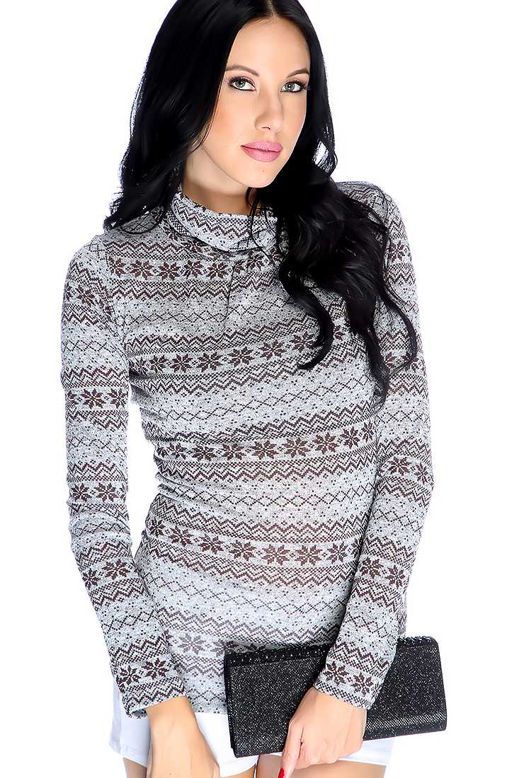 Stylish Brown Grey Long Sleeve Mock Neck Casual Top