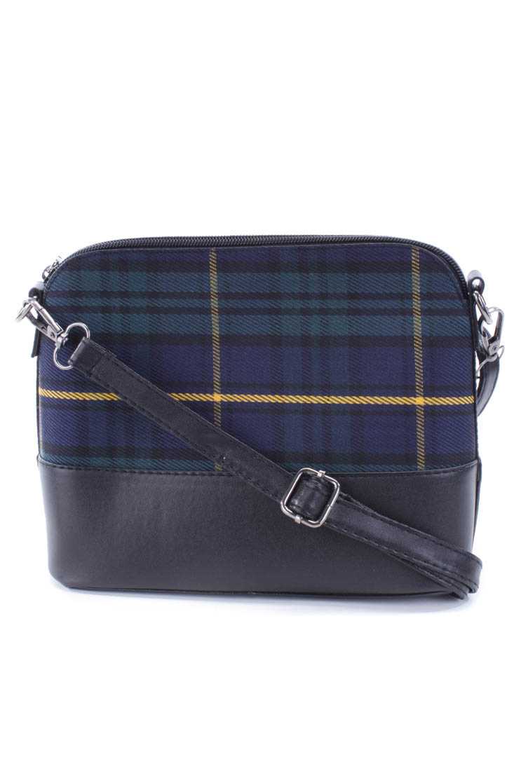 Navy Black Plaid Canvas Faux Leather Accent Handbag