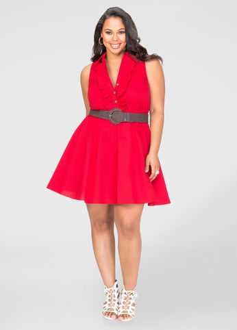 Belted Ruffle Front Skater Dress
